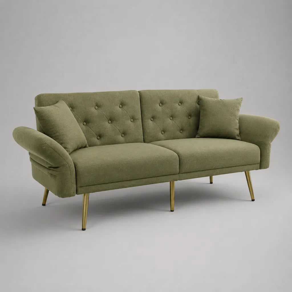 Canapé droit 3 places capitonné en tissu vert olive avec pieds en acier, 190 × 82 × 84 cm