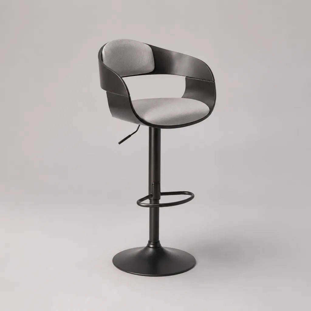 Tabouret de bar pivotant réglable en acier et tissu, noir et gris clair, 52 × 50 × 88-108 cm