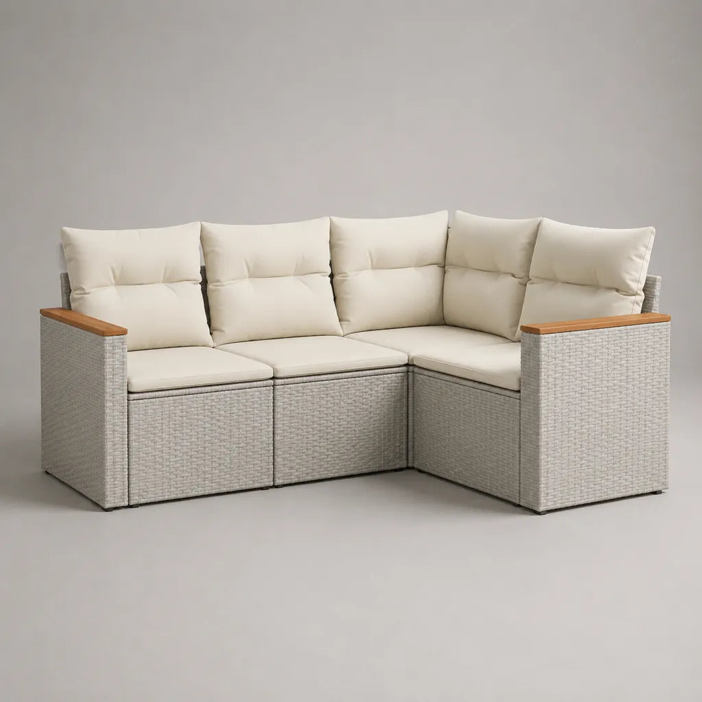 Canapé de jardin d’angle modulable 3 pièces en résine tressée PE et acier avec coussins blanc cassé, 202 × 142 × 84 cm