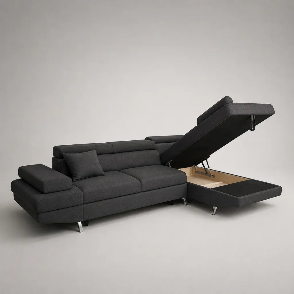 Canapé d’angle 3 places en tissu avec coffre, méridienne droite, gris anthracite, 265 × 165 × 90 cm