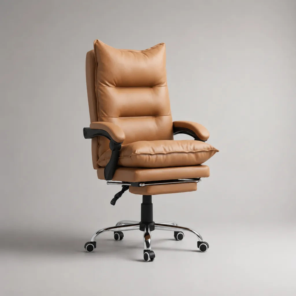Fauteuil de bureau pivotant et inclinable en cuir synthétique et métal avec repose-pieds, camel, 65 × 70 × 115-125 cm