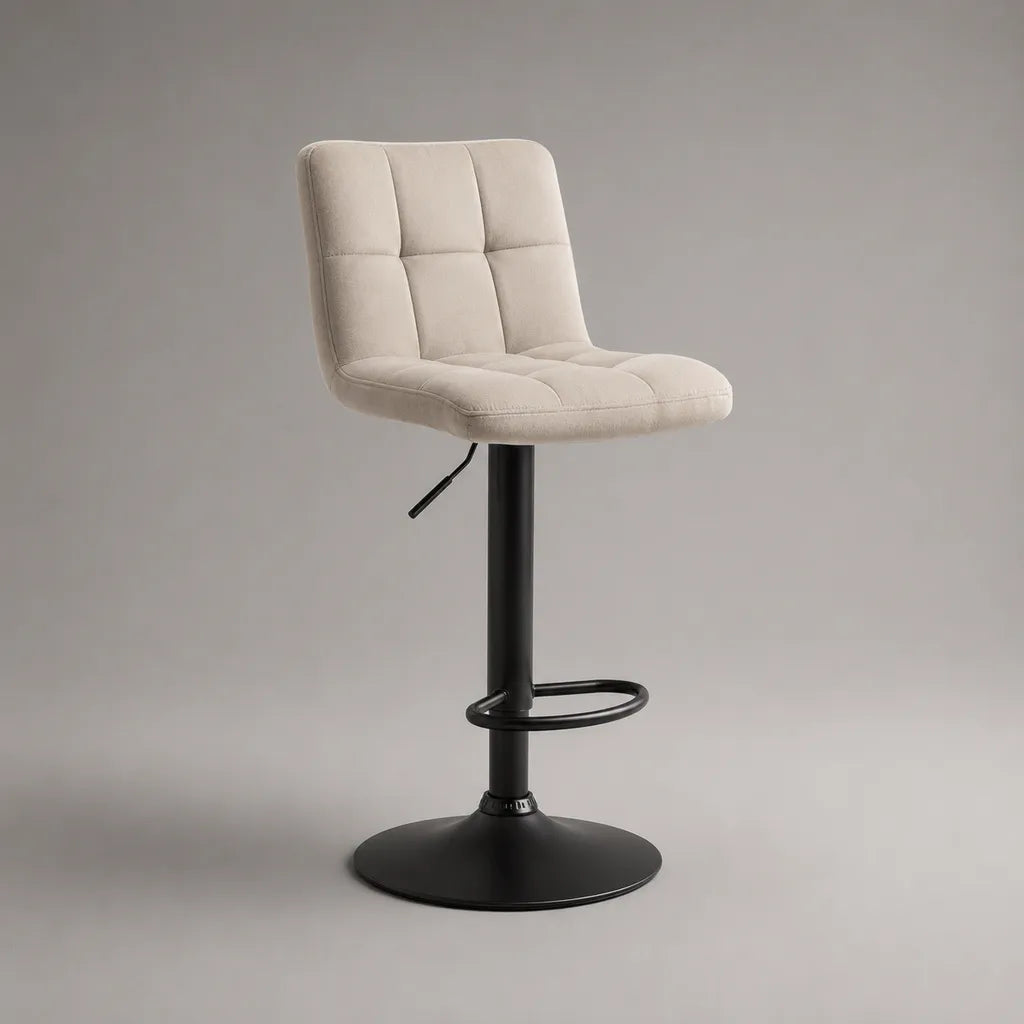 Tabouret de bar réglable et pivotant en tissu et acier, beige et noir, 45 × 48 × 87-108 cm