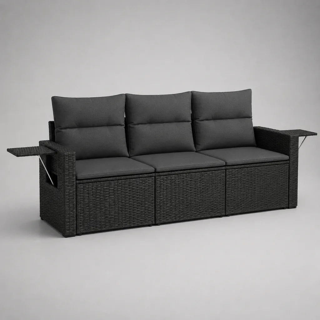 Canapé de jardin 3 places en résine tressée noire avec coussins gris anthracite et tablettes rabattables, 193 × 70 × 80 cm