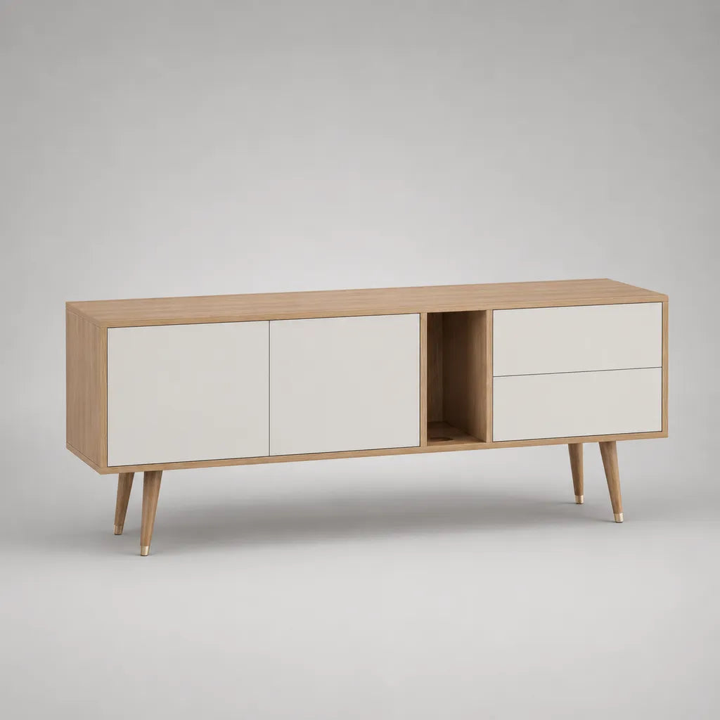 Meuble TV bas rectangulaire en panneaux plaqués chêne, 2 portes, 2 tiroirs et 1 niche, chêne naturel et blanc mat, 160 × 40 × 68 cm
