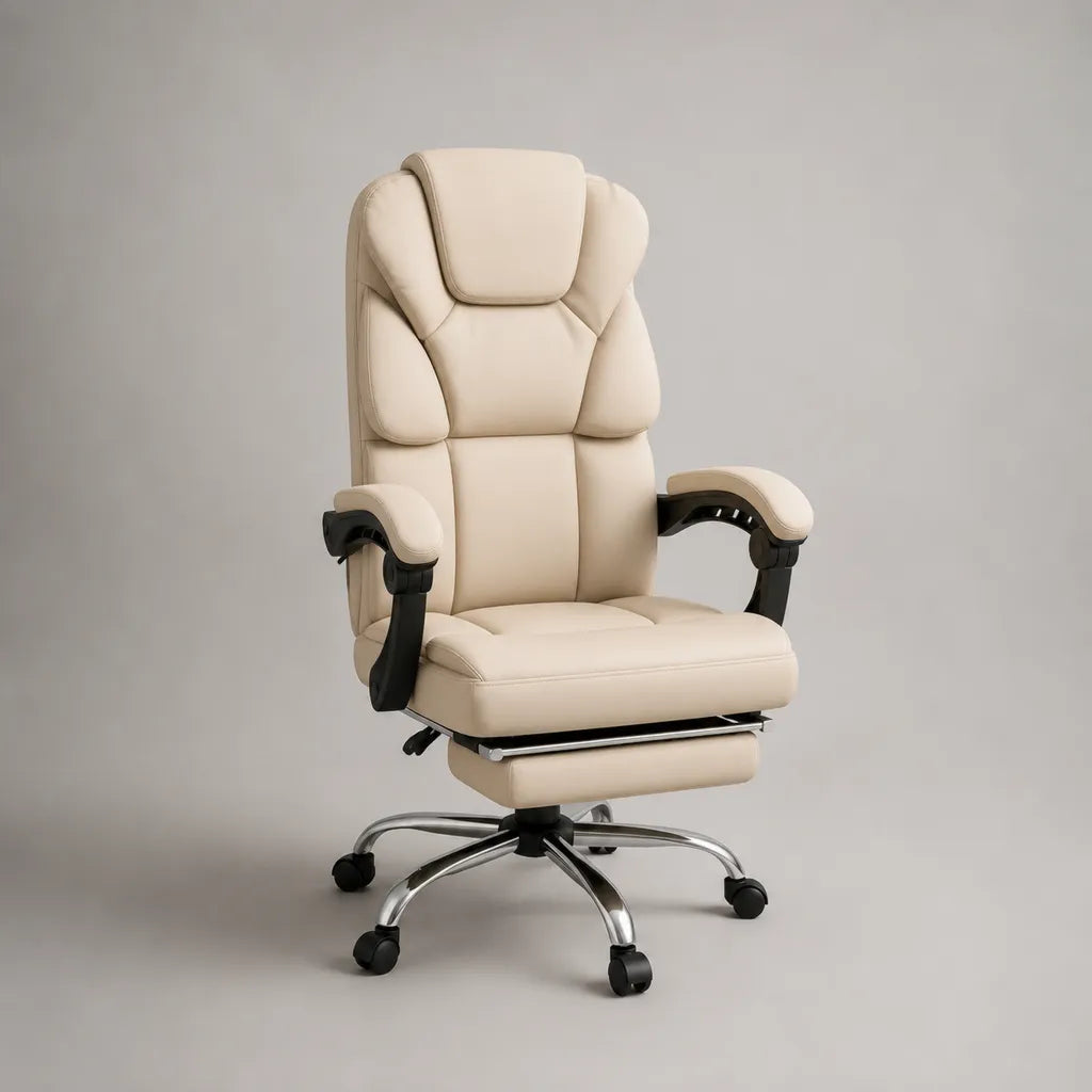 Chaise de bureau inclinable en similicuir beige avec repose-pieds, 68 × 70 × 118-128 cm