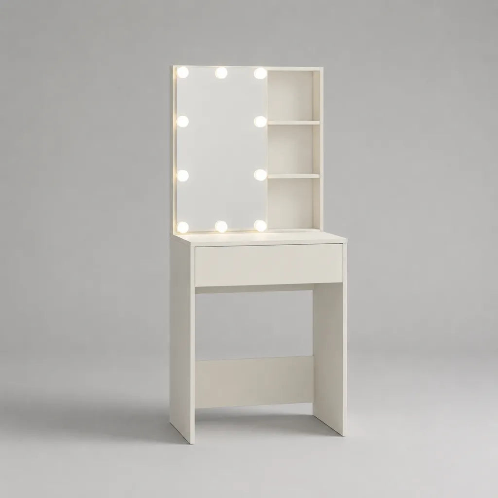 Coiffeuse blanche avec miroir lumineux, 10 ampoules LED, 1 tiroir et 3 niches, panneaux de particules mélaminés, 70 × 40 × 140 cm