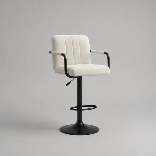 Tabouret de bar pivotant réglable en polyester bouclé crème et acier noir avec accoudoirs, 55 × 52 × 89–110 cm