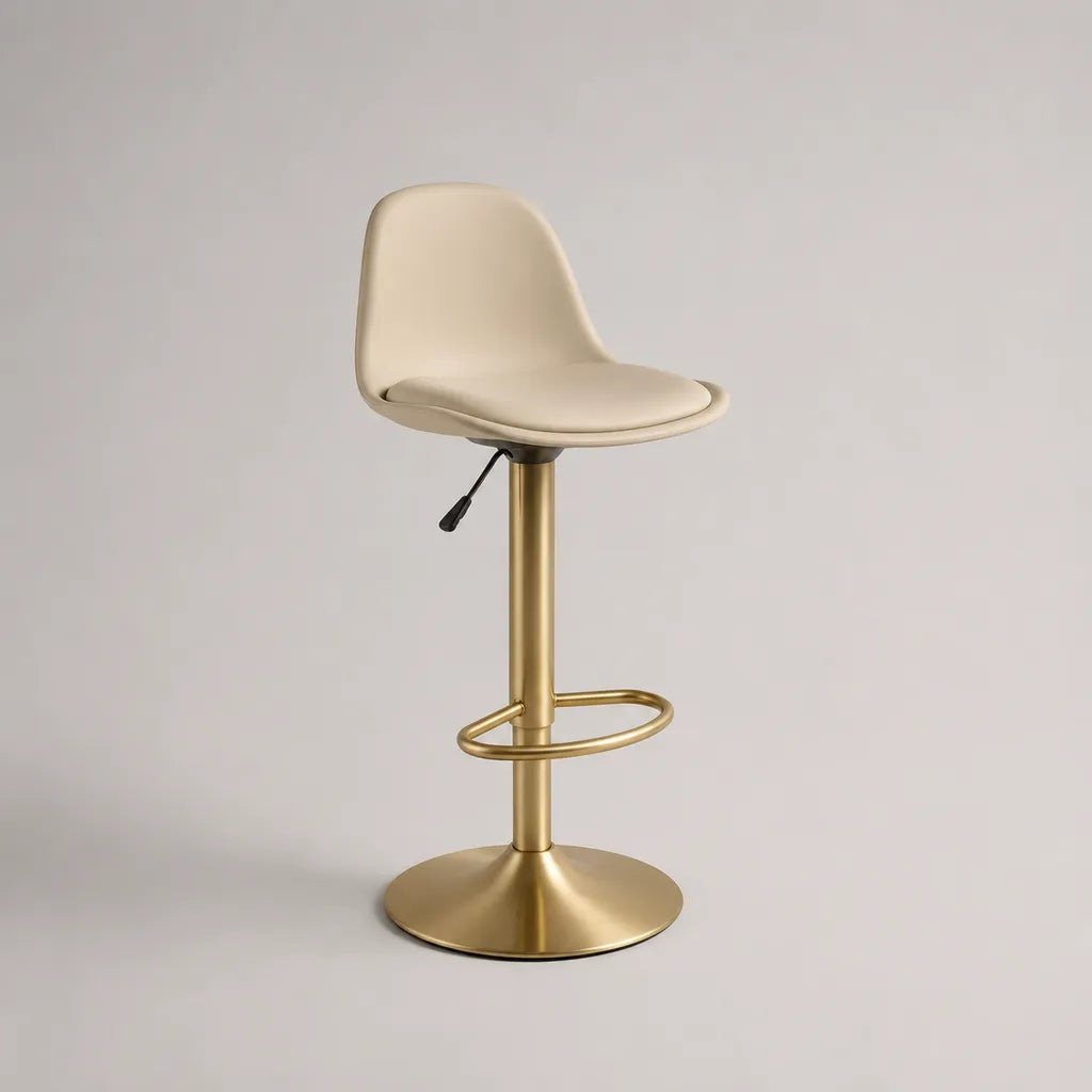 Tabouret de bar réglable et pivotant en similicuir beige et acier doré avec dossier et repose-pieds, 45 × 48 × 86-107 cm