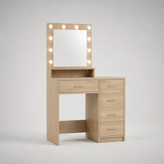 Coiffeuse rectangulaire en panneaux mélaminés chêne clair avec miroir, 10 ampoules LED et 5 tiroirs, 100 × 40 × 140 cm