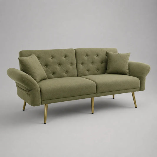 Canapé droit 3 places capitonné en tissu vert olive avec pieds en acier, 190 × 82 × 84 cm
