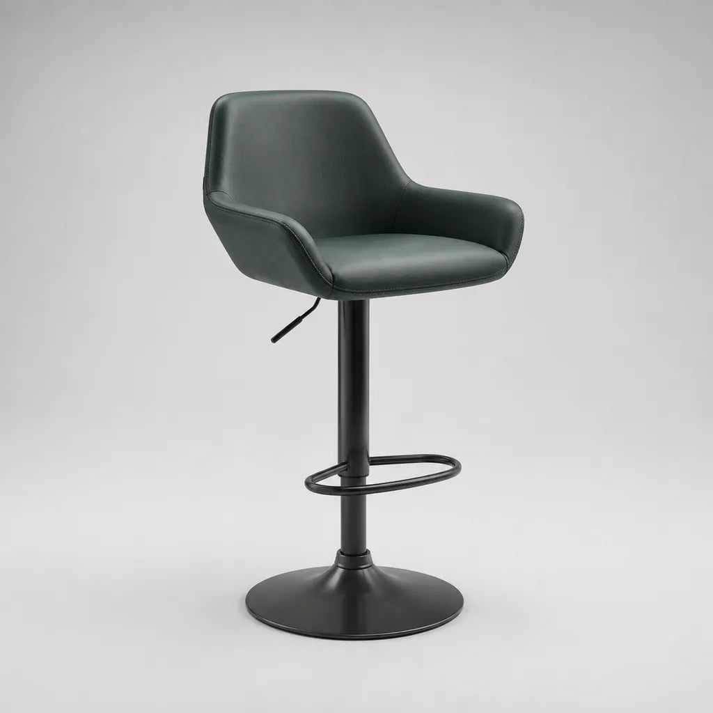 Tabouret de bar réglable et pivotant en similicuir PU et acier, vert foncé et noir, 53 × 52 × 88-108 cm