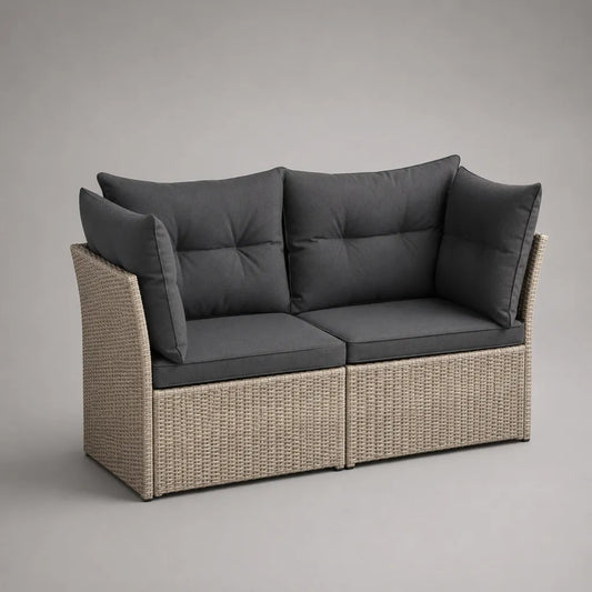 Canapé de jardin modulable 2 places en résine tressée beige et tissu gris anthracite, 2 modules, 130 × 70 × 80 cm