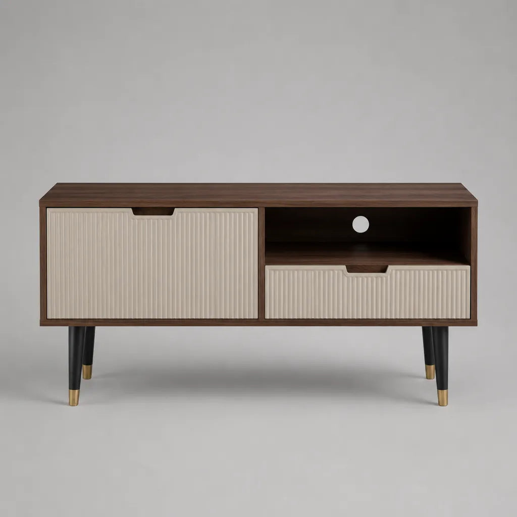 Meuble TV rectangulaire en bois et métal, noyer, beige, noir et doré, 120 × 40 × 60 cm