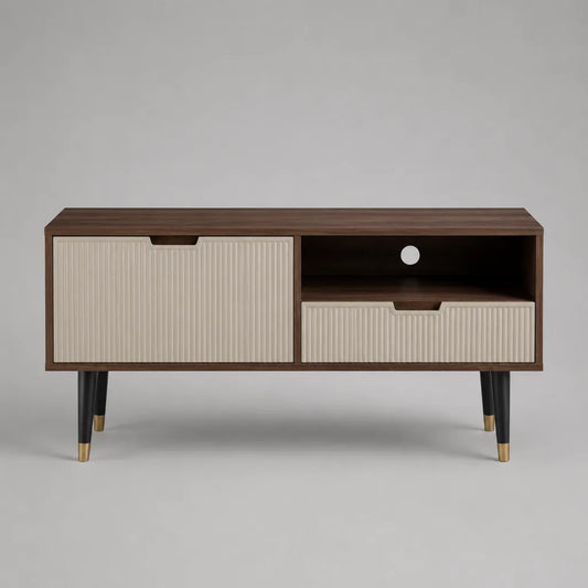 Meuble TV rectangulaire en bois et métal, noyer, beige, noir et doré, 120 × 40 × 60 cm