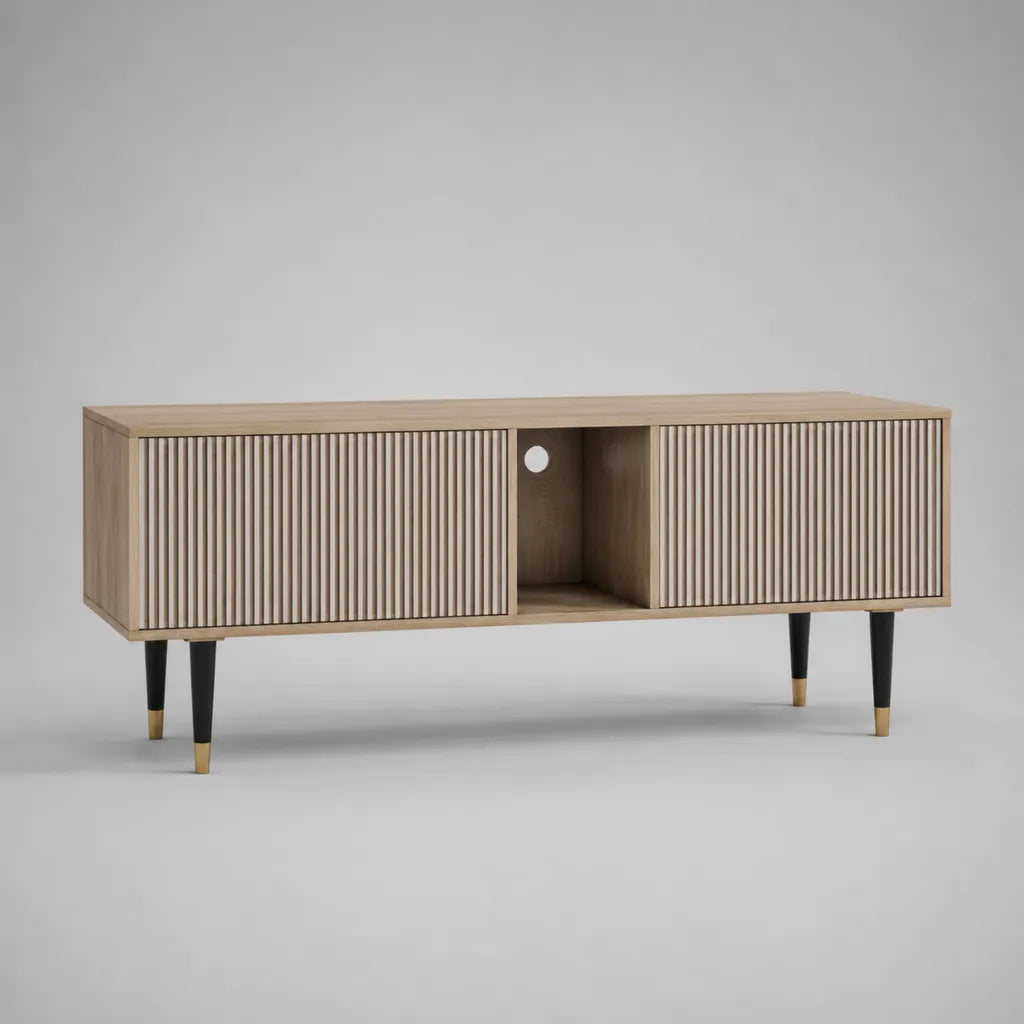 Meuble TV bas en MDF plaqué chêne avec 2 portes coulissantes rainurées et passe-câbles, chêne naturel, noir et doré, 140 x 40 x 58 cm