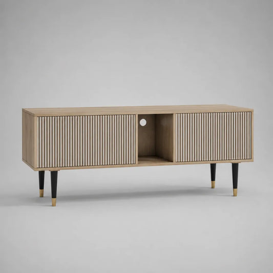 Meuble TV bas en MDF plaqué chêne avec 2 portes coulissantes rainurées et passe-câbles, chêne naturel, noir et doré, 140 x 40 x 58 cm