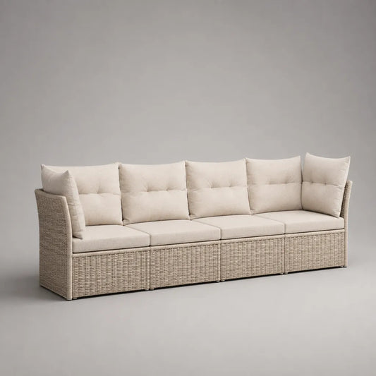 Canapé de jardin modulable 4 places rectangulaire en résine tressée beige avec coussins crème, 294 × 75 × 78 cm