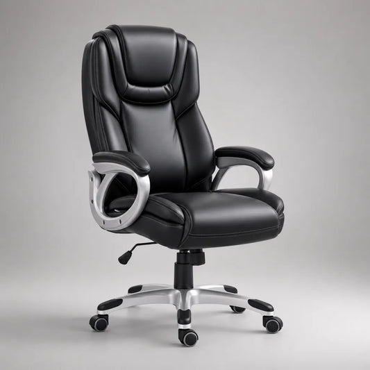 Fauteuil de bureau pivotant réglable en hauteur en similicuir PU noir et métal argenté, 68 × 70 × 115–125 cm