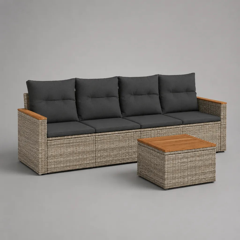 Ensemble de jardin extérieur 2 pièces avec canapé 4 places et table basse en résine tressée PE, acier et bois d’acacia massif, gris taupe et anthracite, canapé 240 × 75 × 85 cm, table 75 × 55 × 42 cm