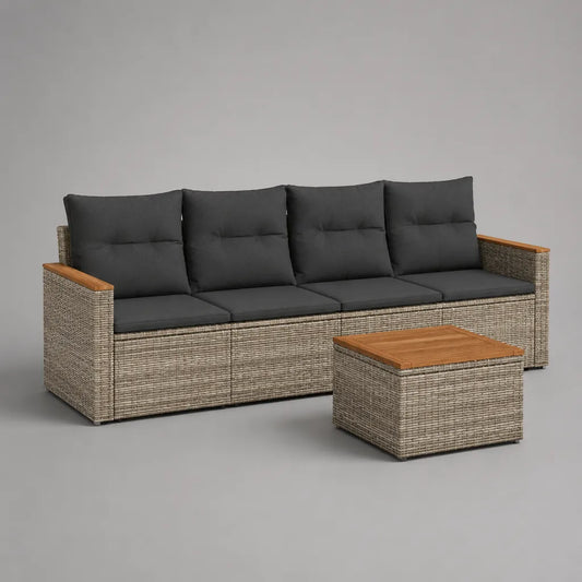 Ensemble de jardin extérieur 2 pièces avec canapé 4 places et table basse en résine tressée PE, acier et bois d’acacia massif, gris taupe et anthracite, canapé 240 × 75 × 85 cm, table 75 × 55 × 42 cm