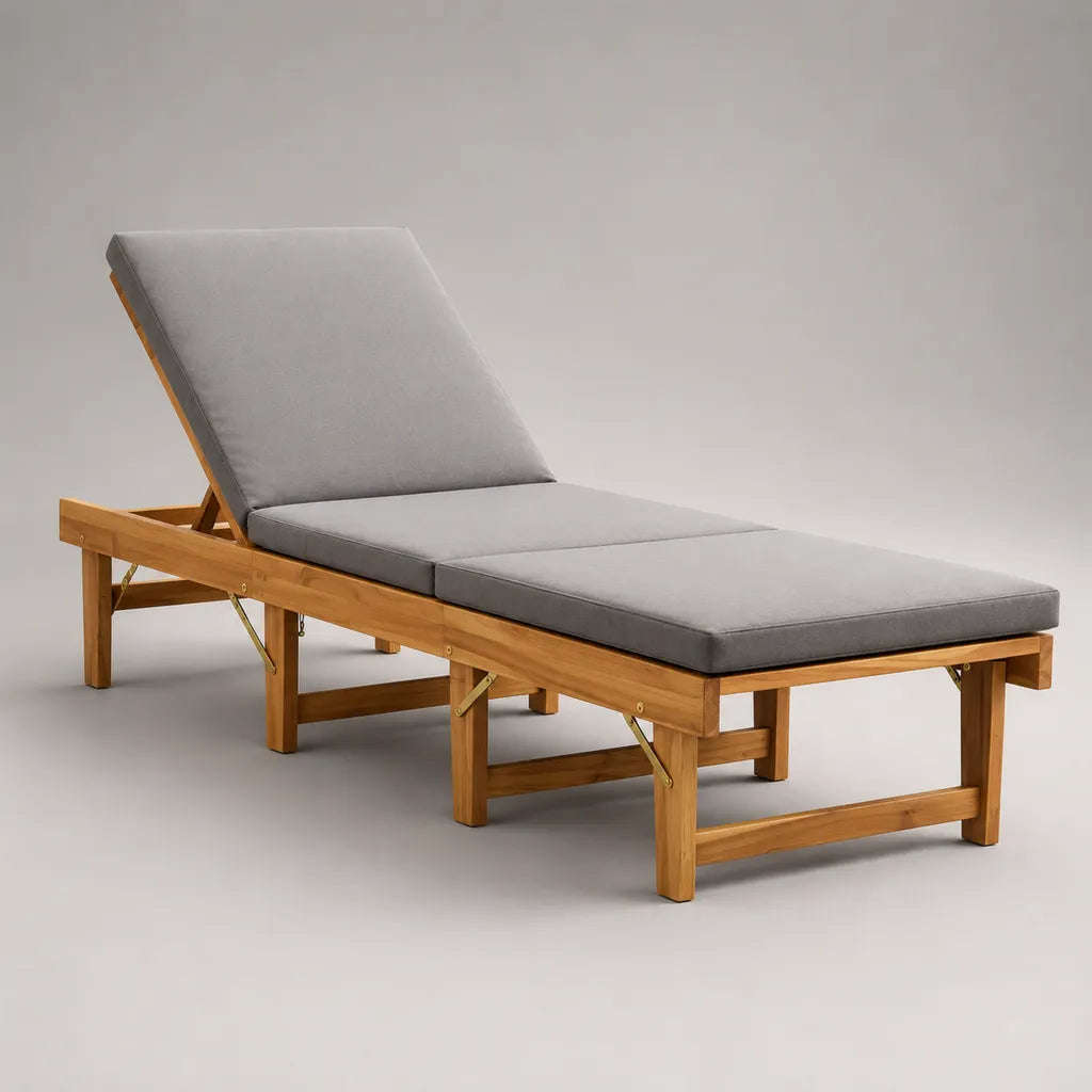 Bain de soleil inclinable en bois d’acacia massif avec 3 coussins gris, 200 × 70 × 85 cm, gris et marron miel
