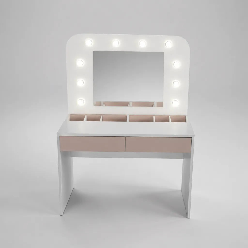 Coiffeuse en bois avec miroir lumineux à 10 ampoules, 2 tiroirs, blanc et rose poudré, 100 × 40 × 140 cm