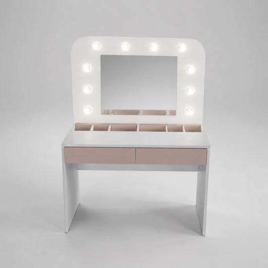 Coiffeuse en bois avec miroir lumineux à 10 ampoules, 2 tiroirs, blanc et rose poudré, 100 × 40 × 140 cm