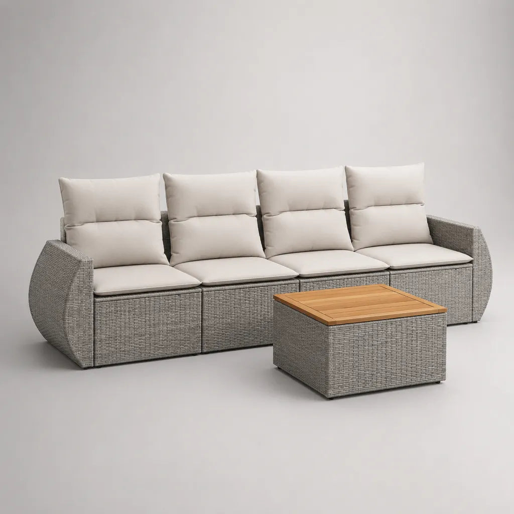 Salon de jardin 4 places avec table basse, ensemble 5 pièces en résine tressée, acier et bois, gris clair, beige clair et bois naturel, canapé 286 × 78 × 82 cm, table 75 × 75 × 40 cm