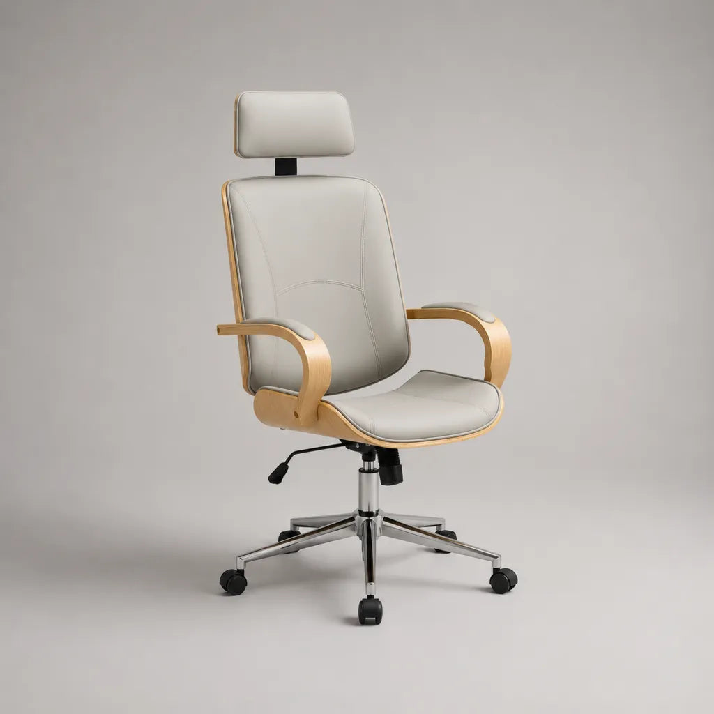 Chaise de bureau pivotante réglable en PU et contreplaqué, gris clair, 66 × 66 × 115-125 cm