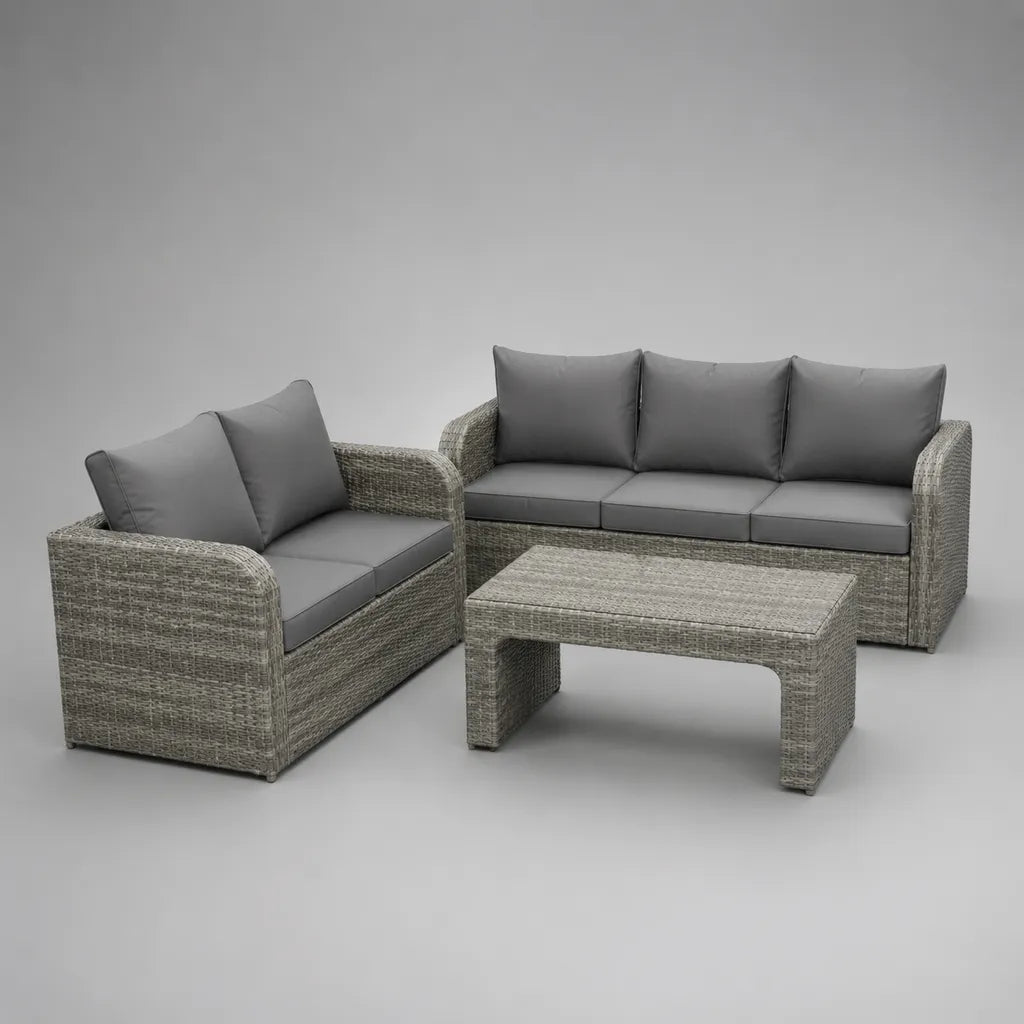 Salon de jardin extérieur 5 places, ensemble 3 pièces en résine tressée PE et métal, gris clair et gris anthracite, canapé 3 places 185 × 75 × 78 cm, canapé 2 places 130 × 75 × 78 cm, table 100 × 55 × 38 cm