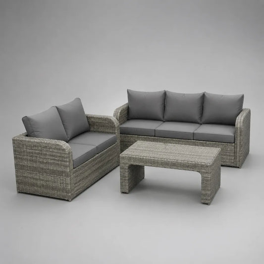 Salon de jardin extérieur 5 places, ensemble 3 pièces en résine tressée PE et métal, gris clair et gris anthracite, canapé 3 places 185 × 75 × 78 cm, canapé 2 places 130 × 75 × 78 cm, table 100 × 55 × 38 cm