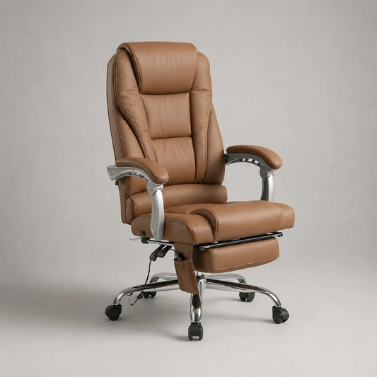 Fauteuil de bureau massant inclinable à dossier haut en similicuir PU camel avec repose-pieds, 68 × 75 × 118-128 cm