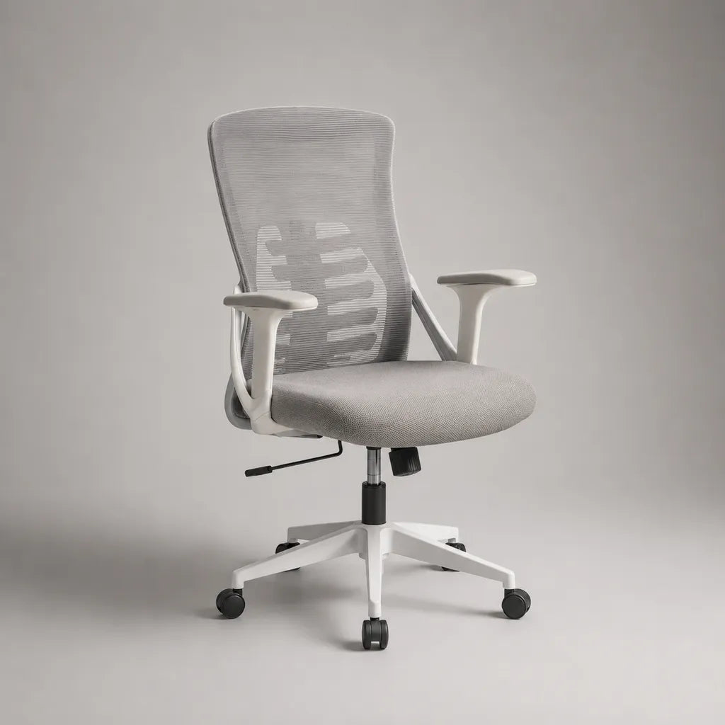 Chaise de bureau pivotante réglable en tissu et maille gris, structure blanche, 64 × 64 × 98–108 cm