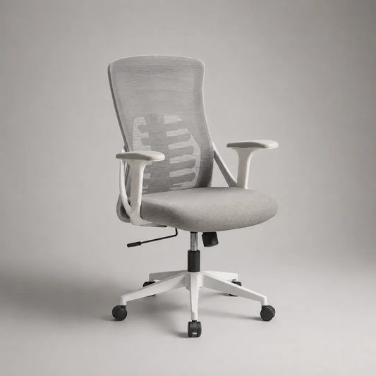 Chaise de bureau pivotante réglable en tissu et maille gris, structure blanche, 64 × 64 × 98–108 cm