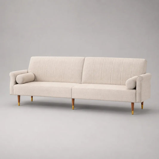 Canapé droit 3 places en polyester avec pieds en hévéa massif, beige crème, 220 x 82 x 84 cm