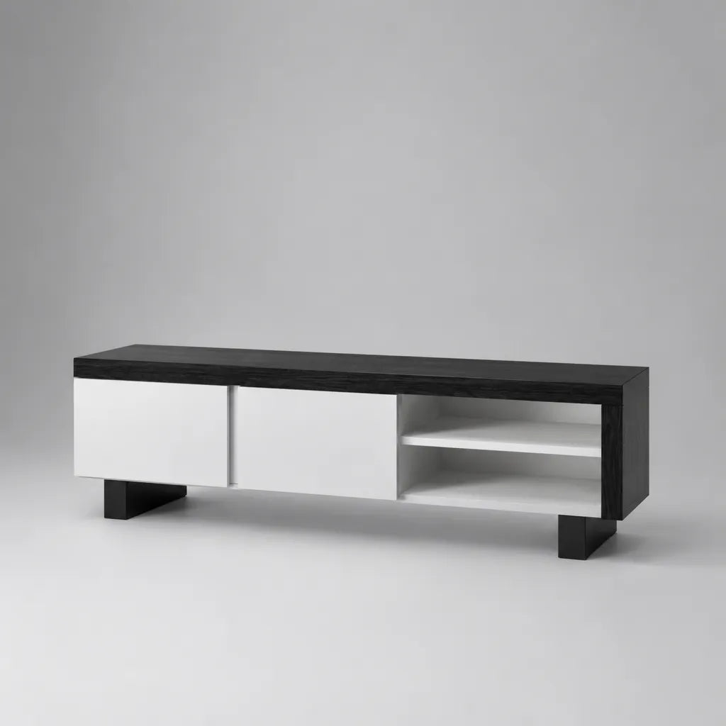 Meuble TV bas en panneaux de particules mélaminés avec 2 portes et niches, noir et blanc, 160 × 40 × 50 cm