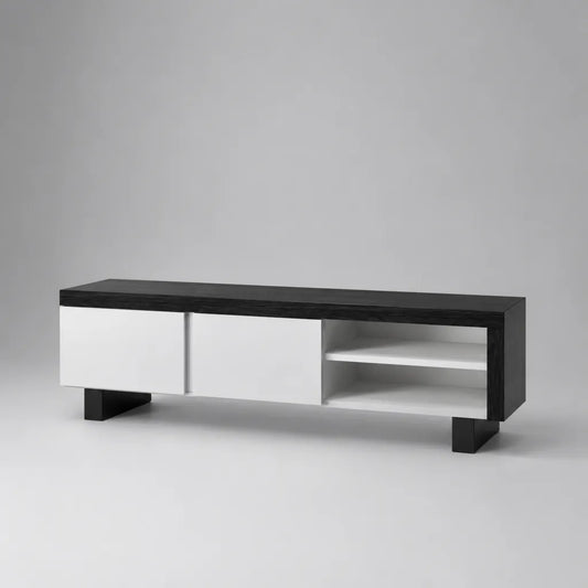 Meuble TV bas en panneaux de particules mélaminés avec 2 portes et niches, noir et blanc, 160 × 40 × 50 cm