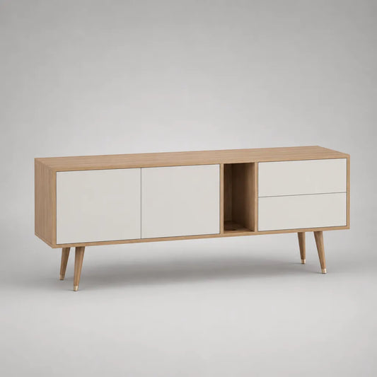 Meuble TV bas rectangulaire en panneaux plaqués chêne, 2 portes, 2 tiroirs et 1 niche, chêne naturel et blanc mat, 160 × 40 × 68 cm