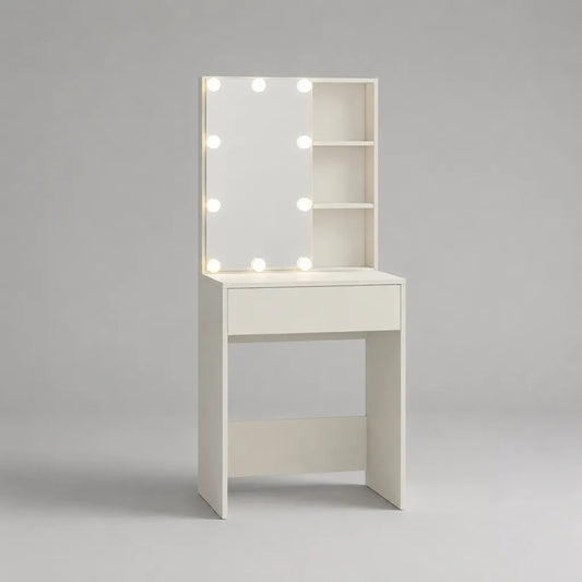 Coiffeuse blanche avec miroir lumineux, 10 ampoules LED, 1 tiroir et 3 niches, panneaux de particules mélaminés, 70 × 40 × 140 cm
