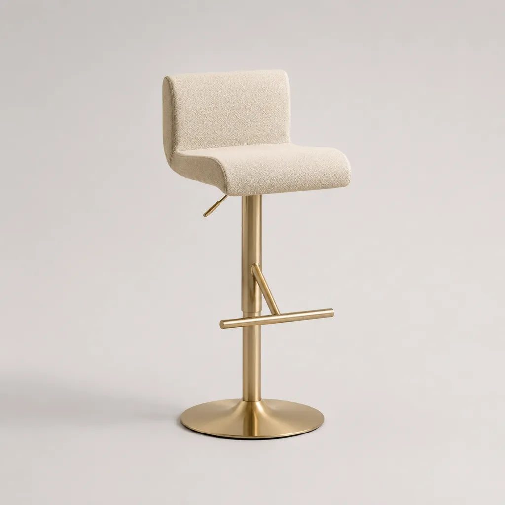Tabouret de bar réglable et pivotant en polyester bouclé crème et acier doré, 50 × 51 × 85-106 cm