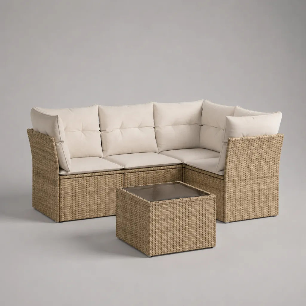 Canapé de jardin d’angle 5 places avec table basse en résine tressée beige et coussins crème, canapé 190 × 190 × 75 cm, table 65 × 65 × 45 cm