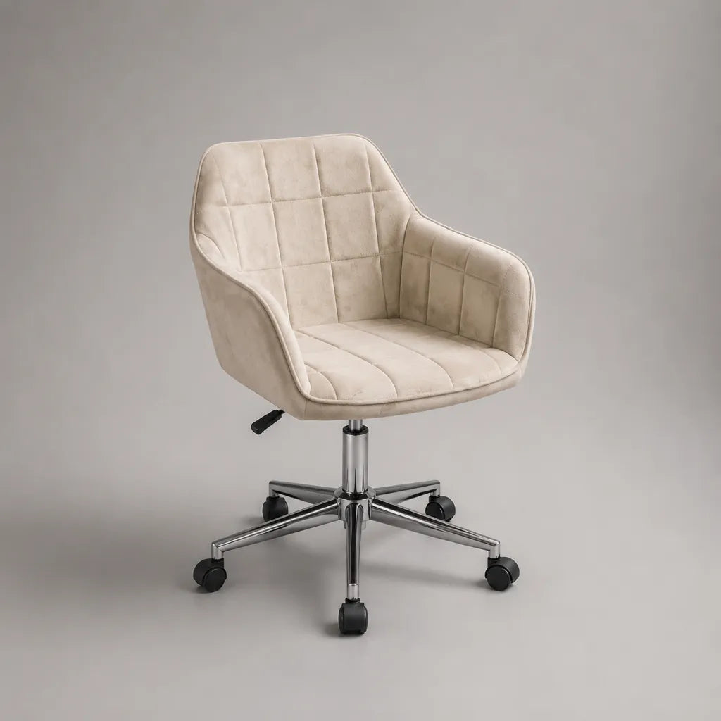 Chaise de bureau pivotante réglable en hauteur en tissu beige avec accoudoirs, piètement en métal et roulettes, 60 × 61 × 80–90 cm