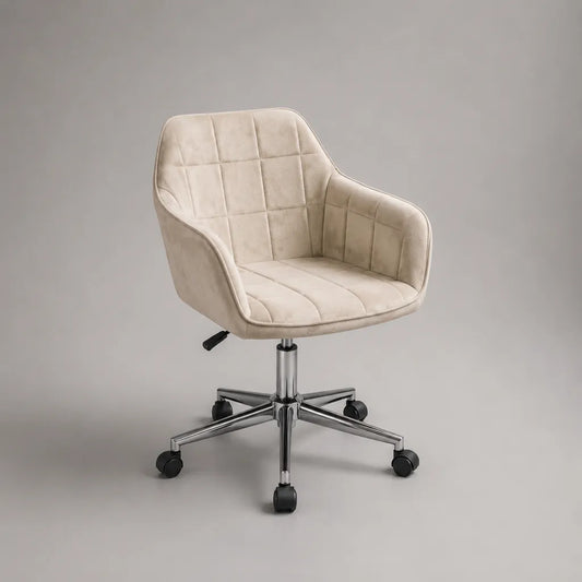 Chaise de bureau pivotante réglable en hauteur en tissu beige avec accoudoirs, piètement en métal et roulettes, 60 × 61 × 80–90 cm
