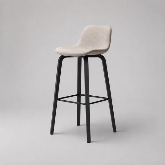 Tabouret de bar en tissu beige et métal noir avec dossier, 48 × 52 × 98 cm, hauteur d’assise 72 cm